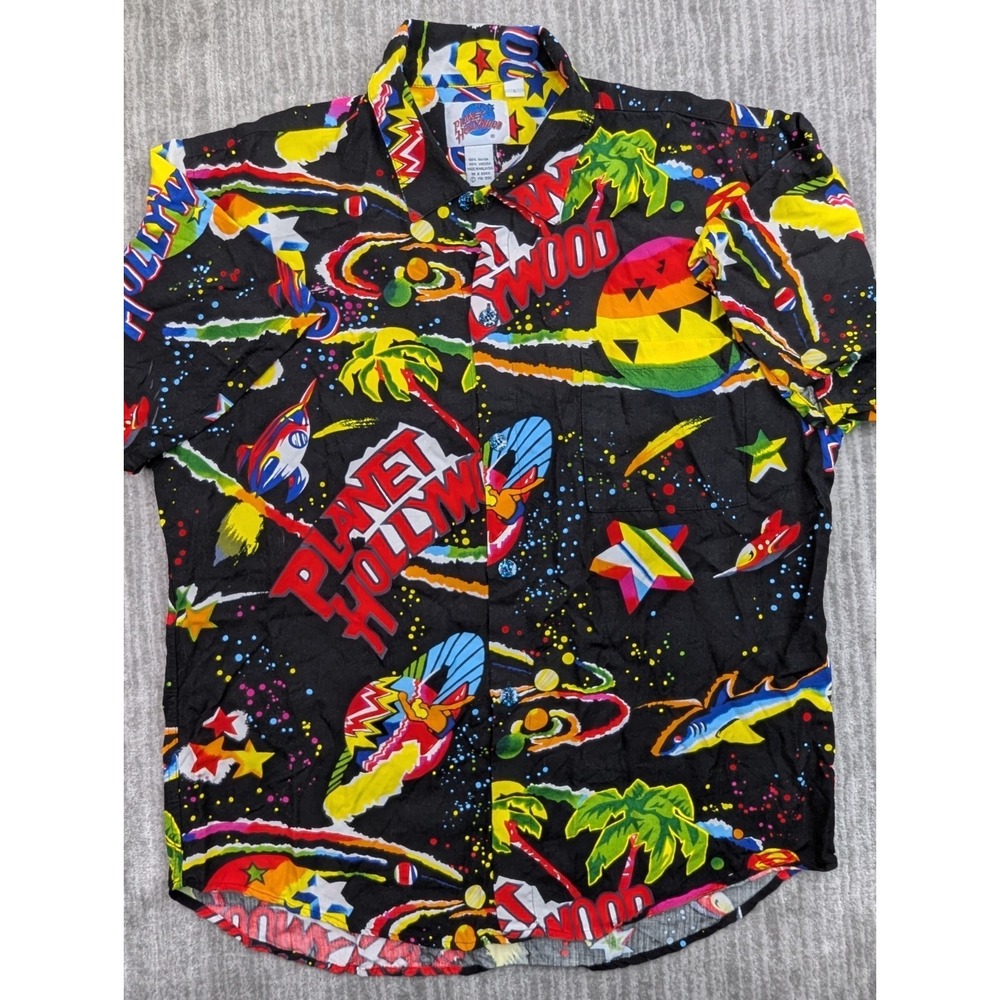 Vintage Planet Hollywood Space Neon Surf Line Hawaiian Camp Shirt Large Black